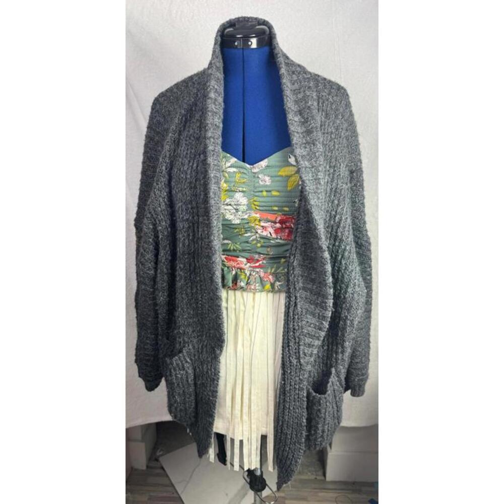 Cottagecore LUSH‎ Chunky Knit Open Front Cardigan Gray Slouchy Cozy Sweater Sz L